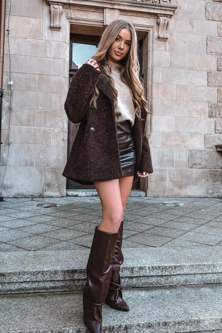 Damskie Boto Ocieplane Kozaki Damskie Z Wywiniętą Cholewką Na Słupku Czekoladowe Elivira