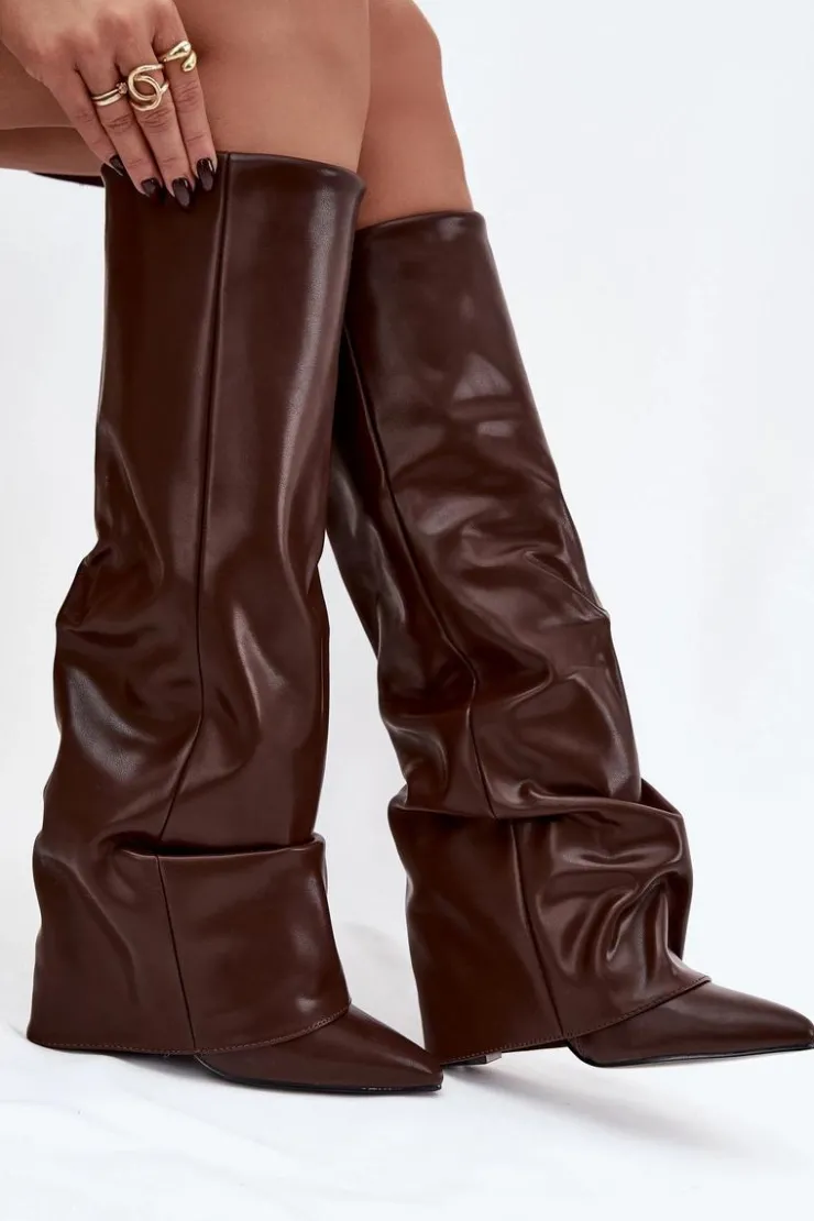 Damskie Boto Ocieplane Kozaki Damskie Z Wywiniętą Cholewką Na Słupku Czekoladowe Elivira