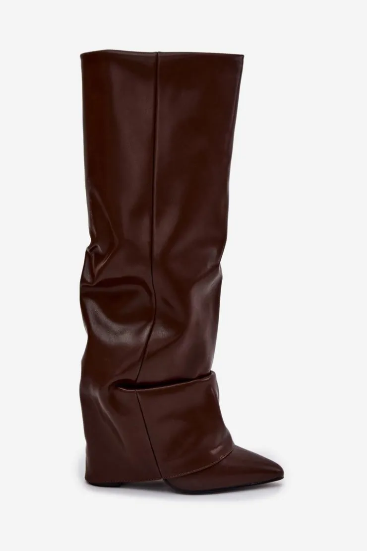 Damskie Boto Ocieplane Kozaki Damskie Z Wywiniętą Cholewką Na Słupku Czekoladowe Elivira