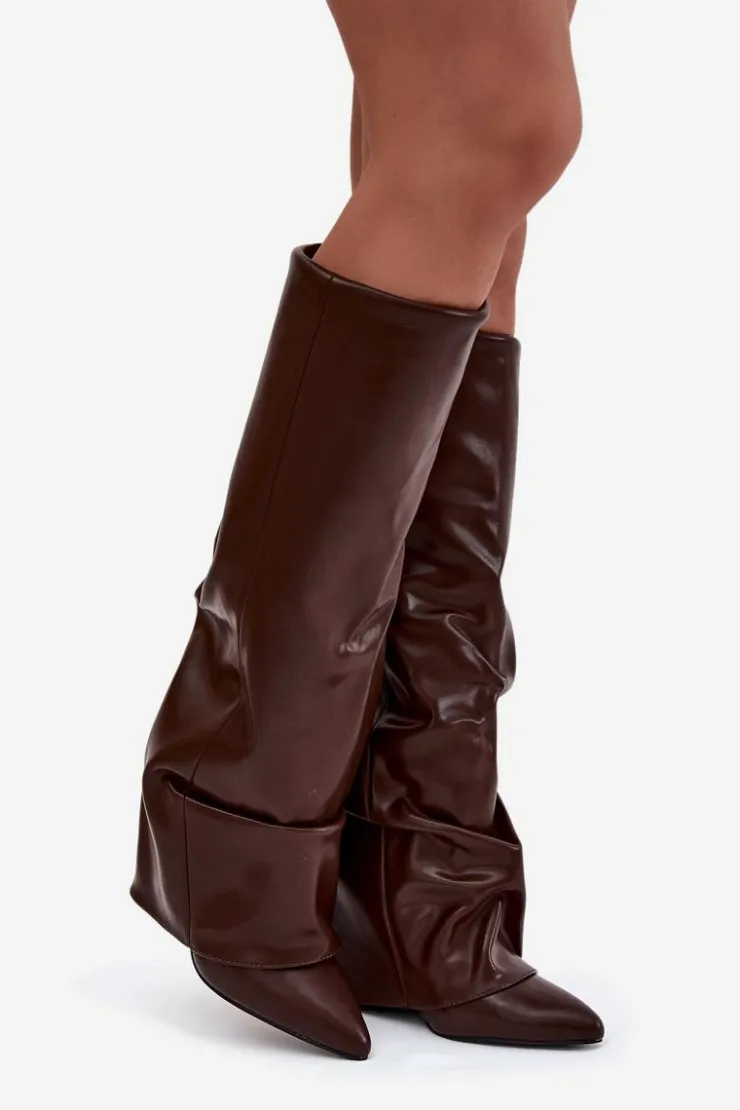 Damskie Boto Ocieplane Kozaki Damskie Z Wywiniętą Cholewką Na Słupku Czekoladowe Elivira