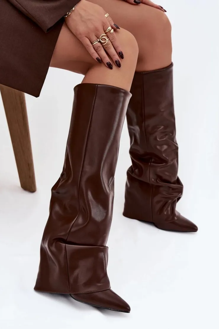 Damskie Boto Ocieplane Kozaki Damskie Z Wywiniętą Cholewką Na Słupku Czekoladowe Elivira