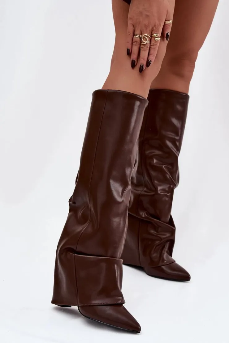 Damskie Boto Ocieplane Kozaki Damskie Z Wywiniętą Cholewką Na Słupku Czekoladowe Elivira