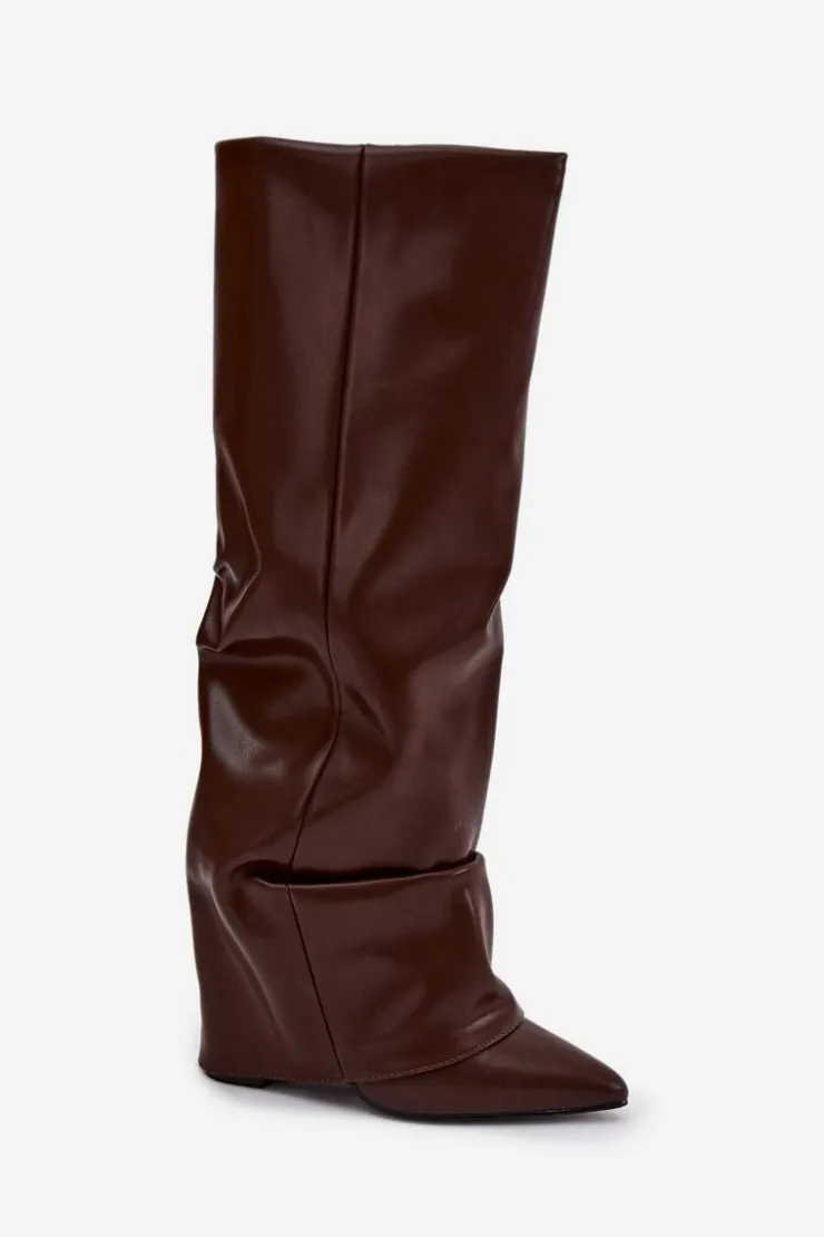 Damskie Boto Ocieplane Kozaki Damskie Z Wywiniętą Cholewką Na Słupku Czekoladowe Elivira