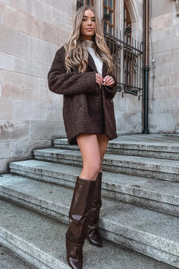 Damskie Boto Ocieplane Kozaki Damskie Z Wywiniętą Cholewką Na Słupku Czekoladowe Elivira