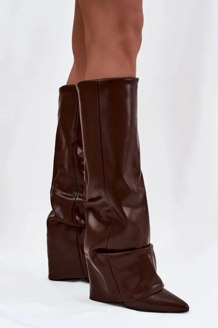 Damskie Boto Ocieplane Kozaki Damskie Z Wywiniętą Cholewką Na Słupku Czekoladowe Elivira
