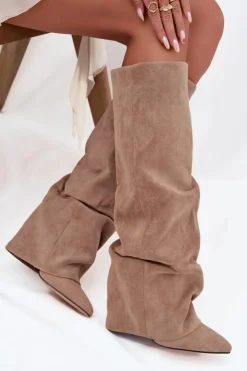 Boto Kozaki Ocieplane|Kozaki Na Słupku*Ocieplane Kozaki Damskie Z Wywiniętą Cholewką Na Słupku Eko Zamszowe Beżowe Elivira Beżowy