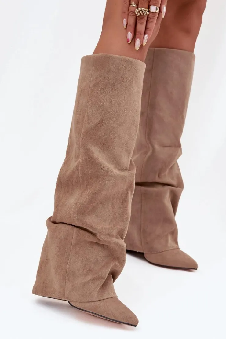 Boto Kozaki Ocieplane|Kozaki Na Słupku*Ocieplane Kozaki Damskie Z Wywiniętą Cholewką Na Słupku Eko Zamszowe Beżowe Elivira Beżowy