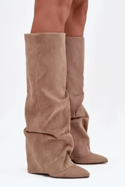 Boto Kozaki Ocieplane|Kozaki Na Słupku*Ocieplane Kozaki Damskie Z Wywiniętą Cholewką Na Słupku Eko Zamszowe Beżowe Elivira Beżowy