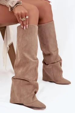 Boto Kozaki Ocieplane|Kozaki Na Słupku*Ocieplane Kozaki Damskie Z Wywiniętą Cholewką Na Słupku Eko Zamszowe Beżowe Elivira Beżowy