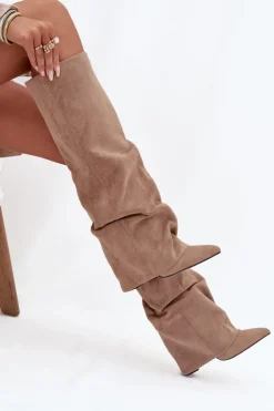 Boto Kozaki Ocieplane|Kozaki Na Słupku*Ocieplane Kozaki Damskie Z Wywiniętą Cholewką Na Słupku Eko Zamszowe Beżowe Elivira Beżowy