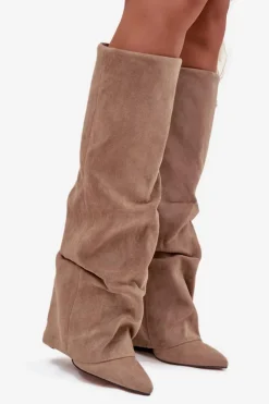 Boto Kozaki Ocieplane|Kozaki Na Słupku*Ocieplane Kozaki Damskie Z Wywiniętą Cholewką Na Słupku Eko Zamszowe Beżowe Elivira Beżowy