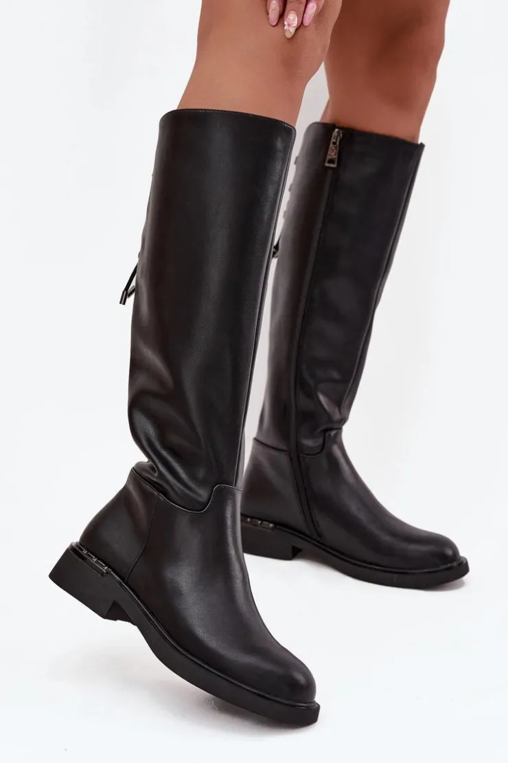 Buty damskie Vinceza Kozaki Ocieplane|Muszkieterki*Ocieplane Kozaki Damskie Z Naturalnej Skóry Na Płaskim Obcasie Vinceza 66822 Czarne