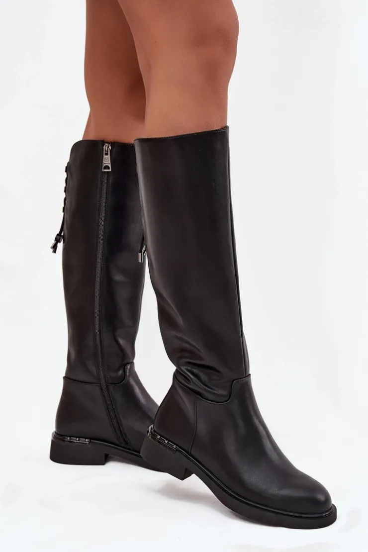 Buty damskie Vinceza Kozaki Ocieplane|Muszkieterki*Ocieplane Kozaki Damskie Z Naturalnej Skóry Na Płaskim Obcasie Vinceza 66822 Czarne