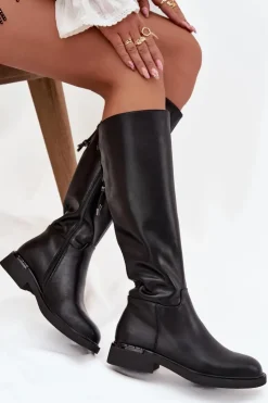 Buty damskie Vinceza Kozaki Ocieplane|Muszkieterki*Ocieplane Kozaki Damskie Z Naturalnej Skóry Na Płaskim Obcasie Vinceza 66822 Czarne