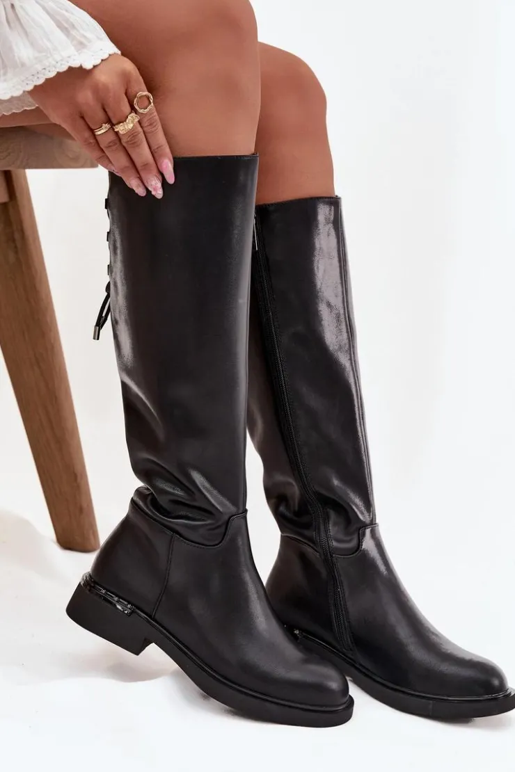 Buty damskie Vinceza Kozaki Ocieplane|Muszkieterki*Ocieplane Kozaki Damskie Z Naturalnej Skóry Na Płaskim Obcasie Vinceza 66822 Czarne