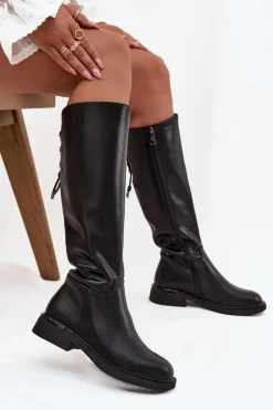 Buty damskie Vinceza Kozaki Ocieplane|Muszkieterki*Ocieplane Kozaki Damskie Z Naturalnej Skóry Na Płaskim Obcasie Vinceza 66822 Czarne