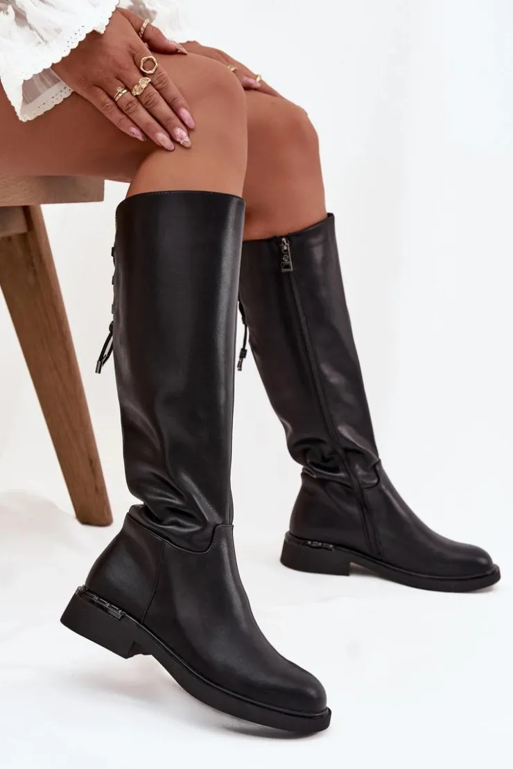 Buty damskie Vinceza Kozaki Ocieplane|Muszkieterki*Ocieplane Kozaki Damskie Z Naturalnej Skóry Na Płaskim Obcasie Vinceza 66822 Czarne