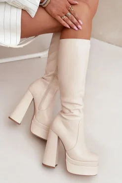 Damskie Boto Ocieplane Kozaki Damskie Na Słupku I Platformie Jasnobeżowe Lysara