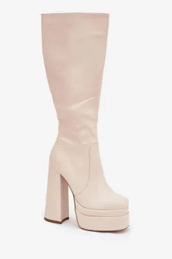 Damskie Boto Ocieplane Kozaki Damskie Na Słupku I Platformie Jasnobeżowe Lysara