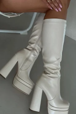 Damskie Boto Ocieplane Kozaki Damskie Na Słupku I Platformie Jasnobeżowe Lysara