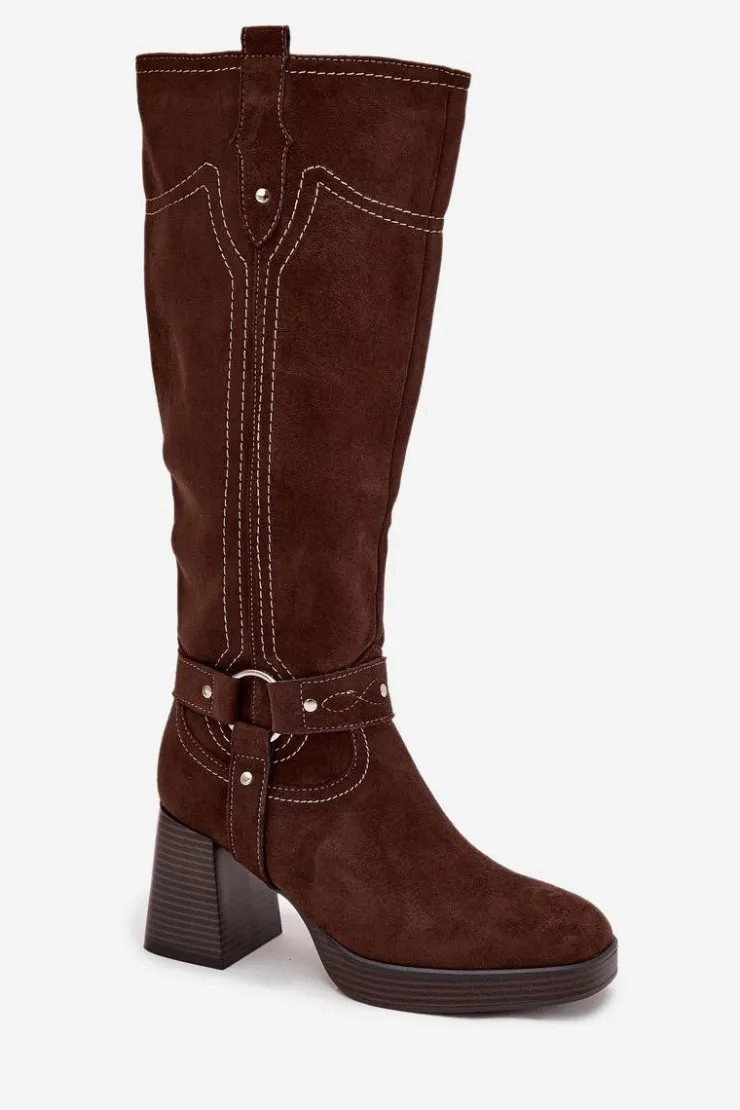 Damskie Boto Ocieplane Kozaki Damskie Na Słupku Z Przeszyciami Czekoladowe Alessara