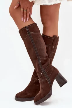 Damskie Boto Ocieplane Kozaki Damskie Na Słupku Z Przeszyciami Czekoladowe Alessara