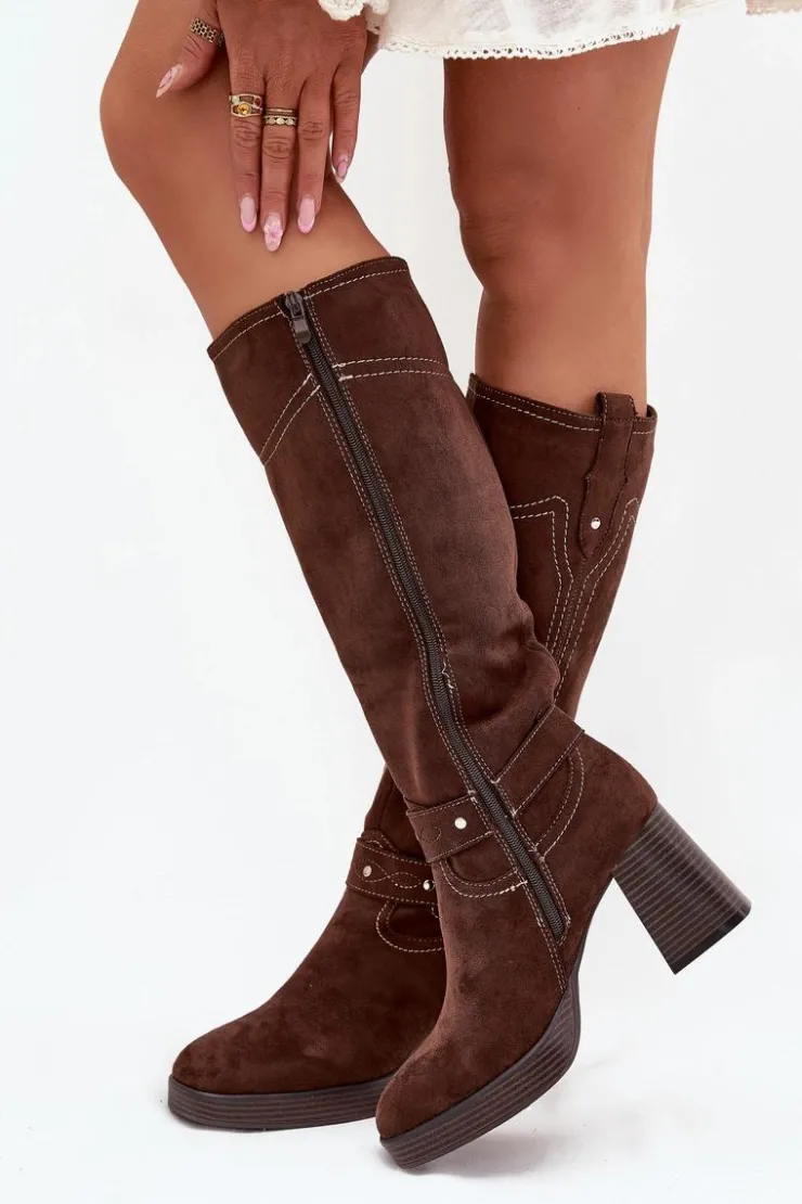 Damskie Boto Ocieplane Kozaki Damskie Na Słupku Z Przeszyciami Czekoladowe Alessara