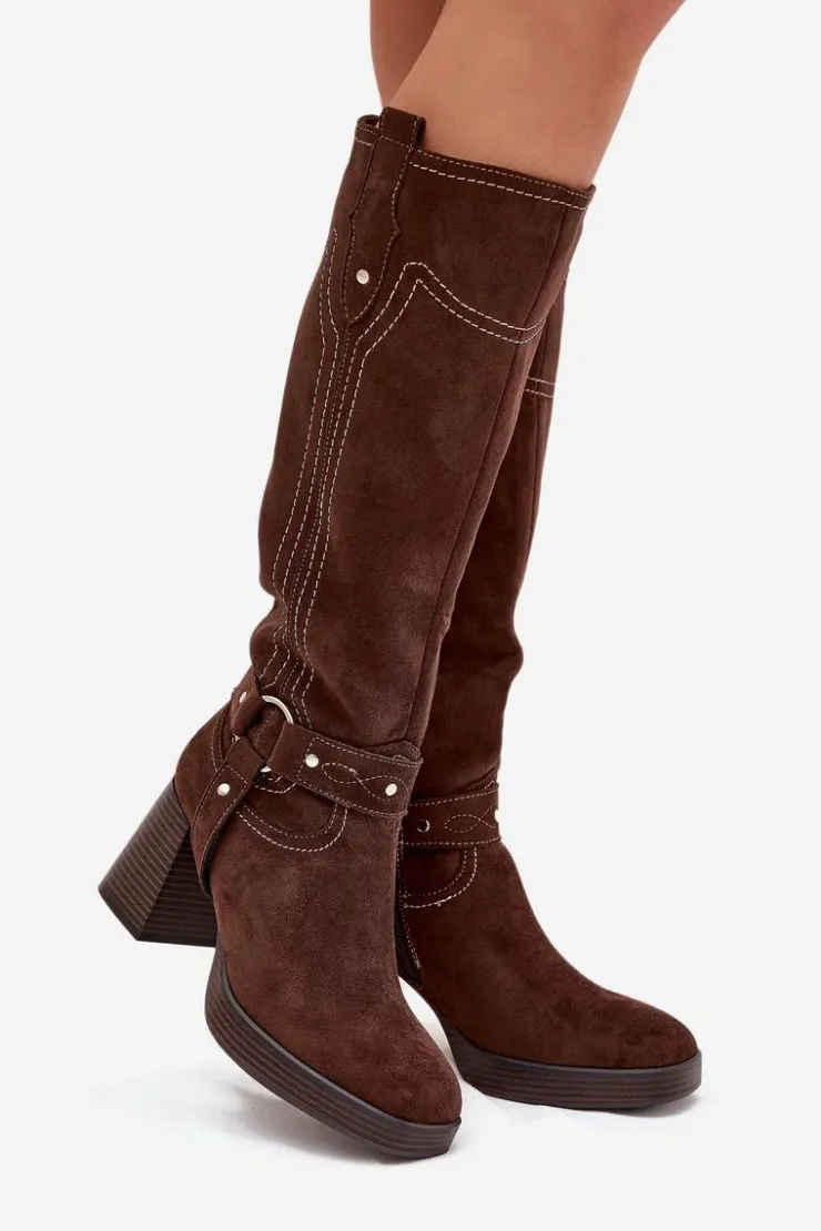 Damskie Boto Ocieplane Kozaki Damskie Na Słupku Z Przeszyciami Czekoladowe Alessara