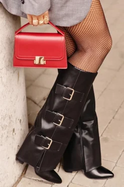 Damskie Boto Ocieplane Kozaki Damskie Na Słupku Z Wywiniętą Cholewką I Klamrami Czarne Piregonia