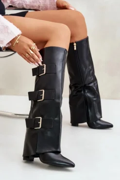 Damskie Boto Ocieplane Kozaki Damskie Na Słupku Z Wywiniętą Cholewką I Klamrami Czarne Piregonia