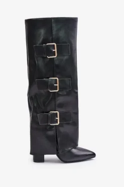 Damskie Boto Ocieplane Kozaki Damskie Na Słupku Z Wywiniętą Cholewką I Klamrami Czarne Piregonia