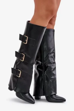 Damskie Boto Ocieplane Kozaki Damskie Na Słupku Z Wywiniętą Cholewką I Klamrami Czarne Piregonia