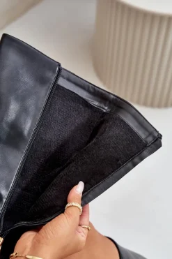 Damskie Boto Ocieplane Kozaki Damskie Na Słupku Z Wywiniętą Cholewką I Klamrami Czarne Piregonia