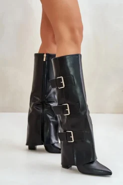 Damskie Boto Ocieplane Kozaki Damskie Na Słupku Z Wywiniętą Cholewką I Klamrami Czarne Piregonia