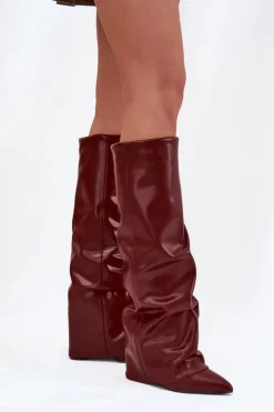 Boto Kozaki Ocieplane|Kozaki Na Słupku*Ocieplane Kozaki Damskie Z Wywiniętą Cholewką Na Słupku Bordowe Elivira Czerwony