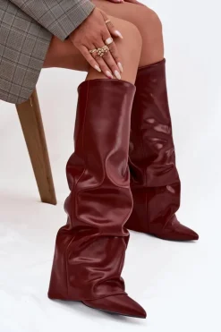 Boto Kozaki Ocieplane|Kozaki Na Słupku*Ocieplane Kozaki Damskie Z Wywiniętą Cholewką Na Słupku Bordowe Elivira Czerwony