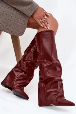 Boto Kozaki Ocieplane|Kozaki Na Słupku*Ocieplane Kozaki Damskie Z Wywiniętą Cholewką Na Słupku Bordowe Elivira Czerwony