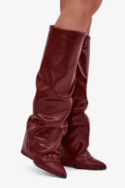 Boto Kozaki Ocieplane|Kozaki Na Słupku*Ocieplane Kozaki Damskie Z Wywiniętą Cholewką Na Słupku Bordowe Elivira Czerwony