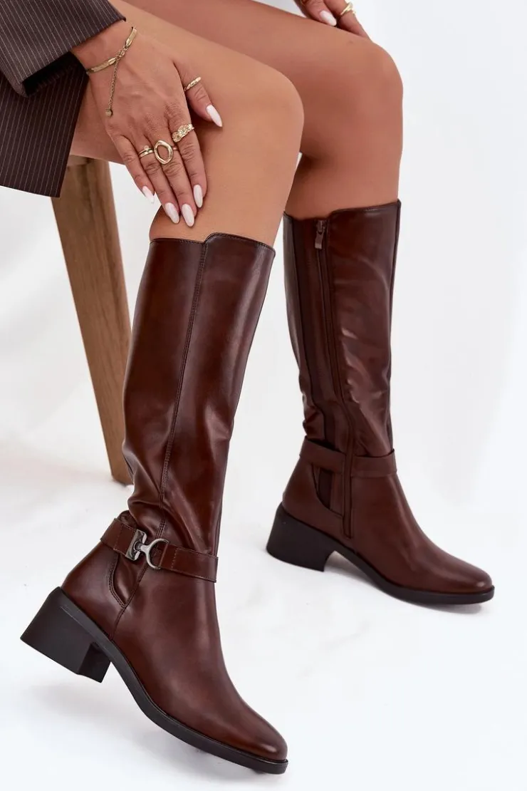 Buty Sergio Leone Kozaki Przed Kolano|Kozaki Na Obcasie*Ocieplane Kozaki Damskie Na Klocku Z Paskiem Sergio Leone KZ25826 Brązowe Brązowy