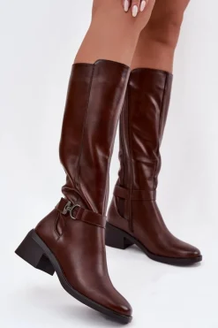 Buty Sergio Leone Kozaki Przed Kolano|Kozaki Na Obcasie*Ocieplane Kozaki Damskie Na Klocku Z Paskiem Sergio Leone KZ25826 Brązowe Brązowy