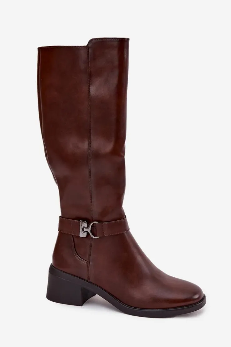 Buty Sergio Leone Kozaki Przed Kolano|Kozaki Na Obcasie*Ocieplane Kozaki Damskie Na Klocku Z Paskiem Sergio Leone KZ25826 Brązowe Brązowy