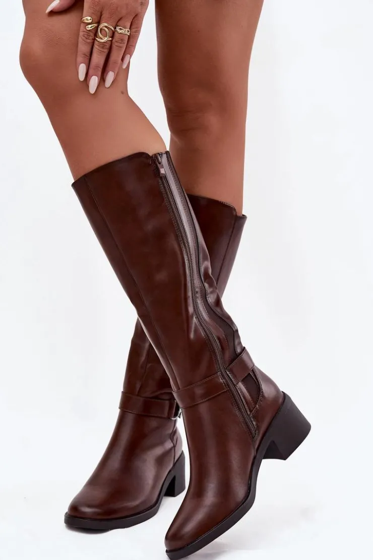 Buty Sergio Leone Kozaki Przed Kolano|Kozaki Na Obcasie*Ocieplane Kozaki Damskie Na Klocku Z Paskiem Sergio Leone KZ25826 Brązowe Brązowy