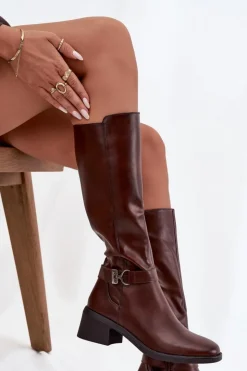 Buty Sergio Leone Kozaki Przed Kolano|Kozaki Na Obcasie*Ocieplane Kozaki Damskie Na Klocku Z Paskiem Sergio Leone KZ25826 Brązowe Brązowy