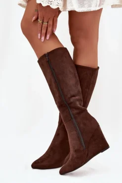Damskie Boto Ocieplane Kozaki Damskie Na Koturnie Czekoladowe Rosina