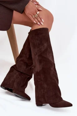 Damskie Boto Ocieplane Kozaki Damskie Z Wywiniętą Cholewką Na Słupku Eko Zamszowe Czekoladowe Elivira