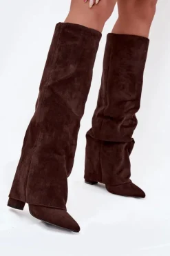 Damskie Boto Ocieplane Kozaki Damskie Z Wywiniętą Cholewką Na Słupku Eko Zamszowe Czekoladowe Elivira
