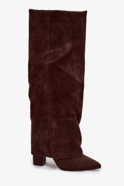 Damskie Boto Ocieplane Kozaki Damskie Z Wywiniętą Cholewką Na Słupku Eko Zamszowe Czekoladowe Elivira