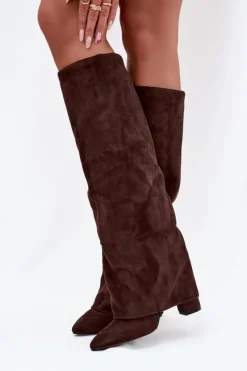 Damskie Boto Ocieplane Kozaki Damskie Z Wywiniętą Cholewką Na Słupku Eko Zamszowe Czekoladowe Elivira