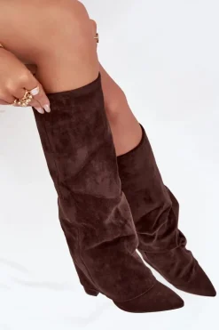 Damskie Boto Ocieplane Kozaki Damskie Z Wywiniętą Cholewką Na Słupku Eko Zamszowe Czekoladowe Elivira