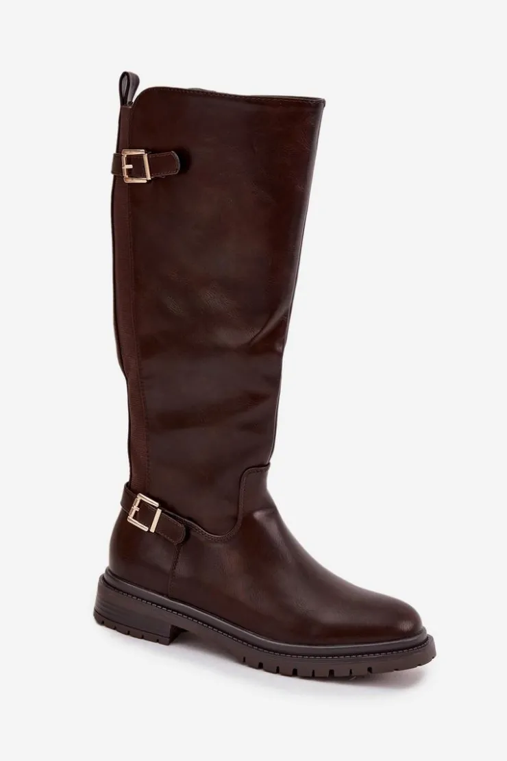 Damskie Boto Ocieplane Kozaki Damskie Na Płaskim Obcasie Z Klamrami Czekoladowe Sarelle